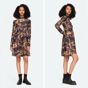 Sea New York Dogwood Floral Sleeve Floral Midi Dress Mock Turtleneck Sz L